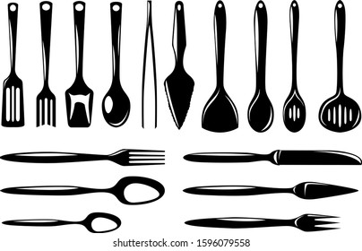 Set of isolated kitchenware icons skimmer, ladle, small ladle, draining spoon, slice and other. Vector image.