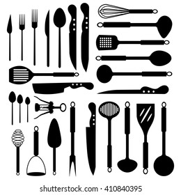 Set of isolated kitchenware icons (skimmer, ladle, small ladle, draining spoon, slice and other) 