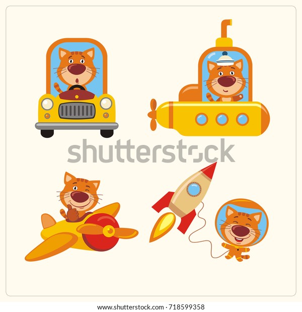 Set of isolated\
kitten cat in various transport: airplane, submarine, car, space\
rocket in cartoon style.