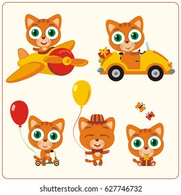 Set isolated kitten for holiday design: in airplane, car, with balloons and gifts.