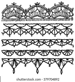 Set of isolated knitted lace borders with an openwork pattern. Vector illustration