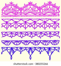 Set of isolated knitted lace borders with an openwork pattern. Vector illustration