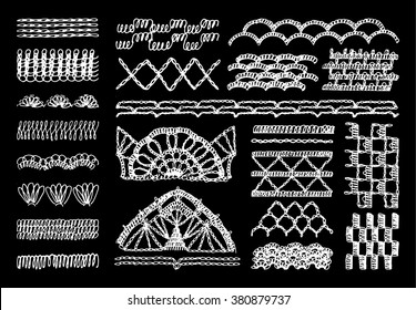 Set of isolated knitted lace borders with an openwork pattern. The scheme of knitting, crochet lace knitted elements, grid, border, ribbon Vector illustration