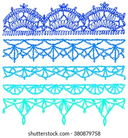 Set of isolated knitted lace borders with an openwork pattern. Vector illustration