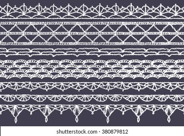 Set of isolated knitted lace borders with an openwork pattern. Vector illustration