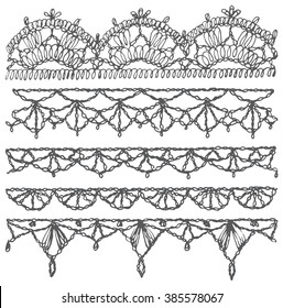 Set of isolated knitted lace borders with an openwork pattern. Vector illustration