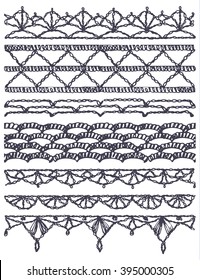 Set of isolated knitted lace borders with an openwork pattern. Vector illustration