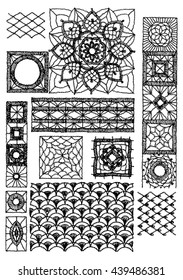 Set of isolated knitted lace borders with an openwork pattern. Fishnet, crochet lace, flowers, square elements. Vector illustration