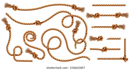Conjunto de cuerdas aisladas nudas con borlos o cuerdas realistas con cepillo y nudo. Hilo náutico 3d o hilo de cáñamo realista con bucles y soga. Torcido y trenzado, doblado, fibra espiral.
