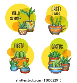 Set of isolated labels of cactus, succulent plants
