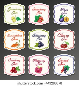 Set of isolated labels for jam from berries. Vector illustration for your design