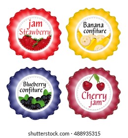 Set of isolated labels for jam and confiture from berries and fruit. Vector illustration for your design.