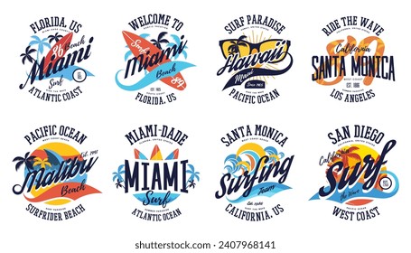 Conjunto de etiquetas aisladas para el surf en la playa. Marca o logotipo para Miami, Santa Mónica, publicidad de verano en Hawái. Impresión de surfista para camiseta. Emblema con tablas de surf para viajes de vacaciones. Marca estadounidense