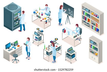 Set Of Isolated Laboratory With Scientist, Isometric Chemical Or Biological Lab, Medical Or Clinic Pharmaceutical Research, Blood Test Laboratory. Science And Doctor,scientific And Biotech, Experiment