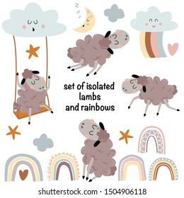 set of isolated lambs and elements on a white background - vector illustration, eps