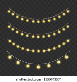 Set of isolated lamp garlands on the transparent background. Christmas and festive decorations. Vector realistic lights. Usable for cards, banners, posters