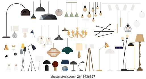 A set of isolated lamps: sconces, floor lamps, chandelier, spotlights on a white background in different styles.
