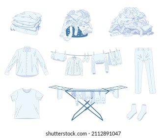 Set Of Isolated Laundry Clothes White Flat Compositions With Piles Of Dirty And Stacks Of Clean Vector Illustration