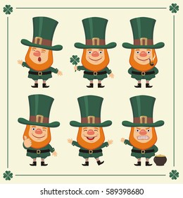 Set of isolated Leprechaun in cartoon style for Saint Patrick's day.