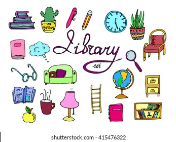 Set of isolated library doodle icons. Books, clock, glasses, school globe, apple, lamp, open book, bookmark, pen, pencil. Doodle colored icons. Cartoon style. Hand drawn vector stock illustration