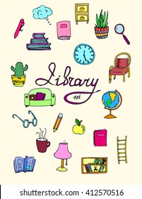 Set of isolated library icons. Hand drawn vector stock illustration