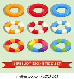 Set of isolated lifebuoy or swimming ring. Colorful stripped flat 3d icon or logo template isolated on the background. Vector isometric illustration.