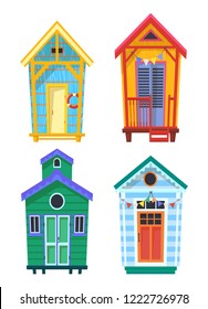 Set of isolated lifeguard buildings with lifebuoy or baywatch stations with life ring or donut, preserver, bungalow with lifebelt, Ocean or sea coast huts, Summer and nautical, maritime and life save