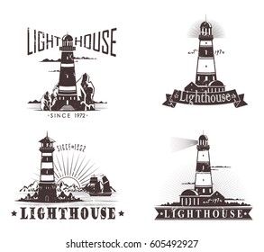 Set of isolated lighthouse sketches and text on ribbon, Guidance building at harbor or port, on mountain or rocks. Marine and nautical reef hazard banner, sailor and travel, discovery theme