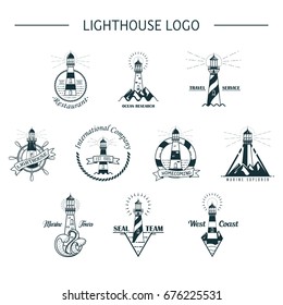 Set of isolated lighthouse sketches with waves and rocks, lifebuoy around, nautical beacon with lamp banner, searchlight near sea or ocean shore. Night hazard optical detection. Seaside theme