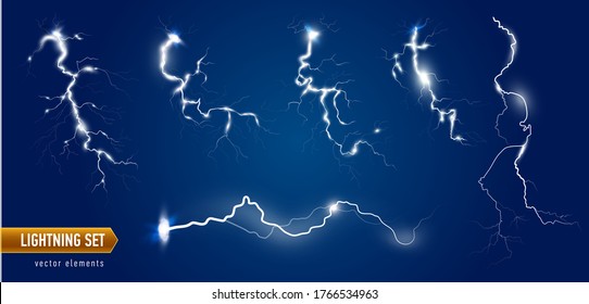 Set of isolated lightning effects on blue background. Thunder-storm magic and bright lightning effect. Realistic vector illustration