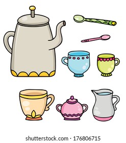 Set of isolated line drawing color tea time supplies