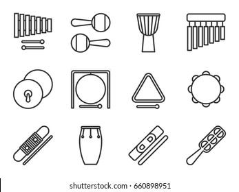 Set of isolated line icon. Percussion musical instrument. Black outline collection. Xylophone, maracas, djembe, chimes, cymbals, gong, triangle tambourine guiro conga claves jingle sistrum