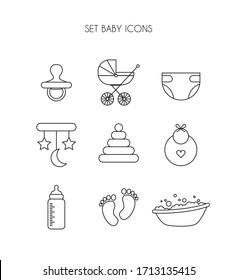 Set of isolated linear baby icons on a white background. The concept of care, feeding, motherhood and infancy. Stock vector illustration in a linear style.