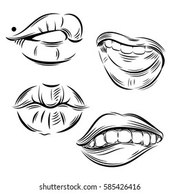set of isolated linear black and white lips with different emotions