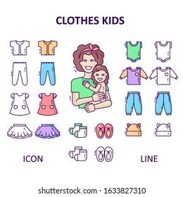 Set of isolated linear flat design icons. Means for treating a child and a happy mother holds in her arms a baby in a diaper. Vector illustration. For web sites and app