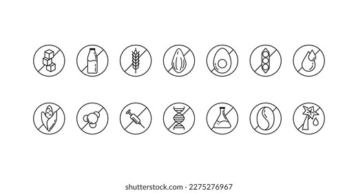 Set of Isolated linear Food and Supplement icons. Gluten free, Sugar, Lactose, Corn, Gmos, Hormone, without Nuts, Soy, trans fat and palm Oil, Egg, Nitrates, Paraben, Coffeine forbidden.