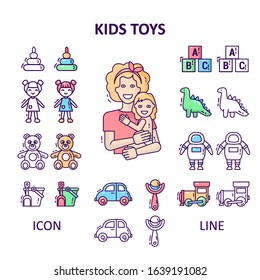 Set of isolated linear icons. Baby toys and happy mom holds in her arms baby in diaper. Vector illustration