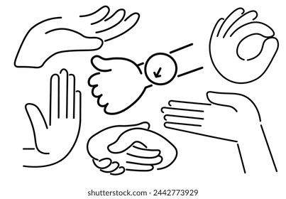 set of isolated linear icons hands gestures in doodle style in vector. icon template for app logo sticker poster print design