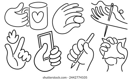 set of isolated linear icons hands gestures in doodle style in vector. icon template for app logo sticker poster print design