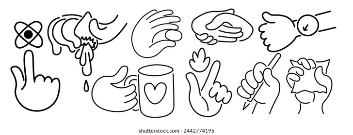 set of isolated linear icons hands gestures in doodle style in vector. icon template for app logo sticker poster print design