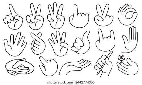 set of isolated linear icons hands gestures in doodle style in vector. icon template for app logo sticker poster print design
