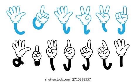 Conjunto de iconos lineales aislados manos gestos en estilo doodle en Vector. Gestos caprichosos de la mano de la historieta que cuentan uno dos tres cuatro cinco. Plantilla del icono para el diseño App de la impresión del cartel de la etiqueta engomada del logotipo. 