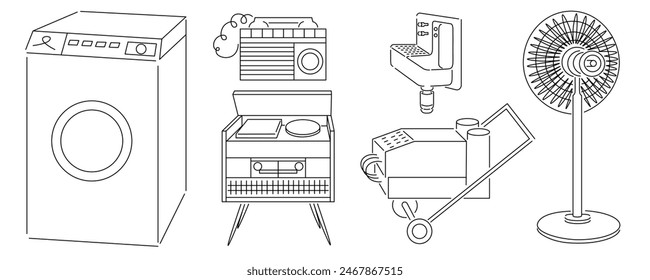 set of isolated linear objects in vector. interior icons for poster sticker design logo