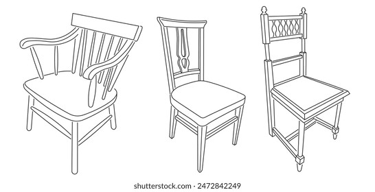 set isolated linear vintage furniture chair and armchair in vector. interior icon for poster sticker design logo