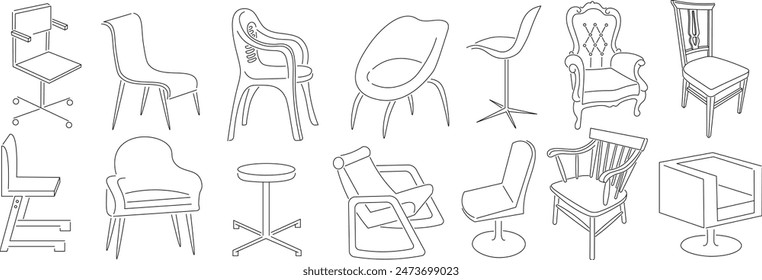 set isolated linear vintage and modern furniture chair and armchair in vector. interior icon for poster sticker design logo