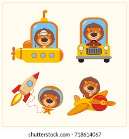 Set of isolated lion in various transport: airplane, submarine, car, space rocket in cartoon style.