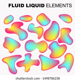 Set isolated liquid elements of holographic rainbow design. Gradient iridescent shapes. Modern bright colorful splash fluid. item for the design of a logo, flyer, persentation, gift card,  Poster