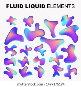 Set isolated liquid elements of holographic rainbow design. Gradient iridescent shapes. Modern bright colorful splash fluid. item for the design of a logo, flyer, persentation, gift card,  Poster
