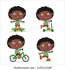 Set of isolated little boy in cartoon style on bike, skateboard, scooter and roller skates.