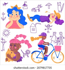 Set with isolated little girls, sweet happy childhood, kids doodling, dreaming, cuddle pet, bicycling. Vector illustration.